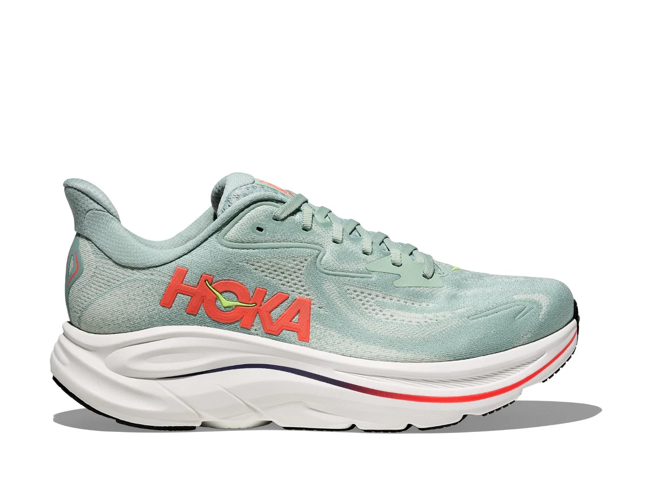 Hoka Men's Clifton 10 Sneakers- Sage / Neon Flame - Image 2